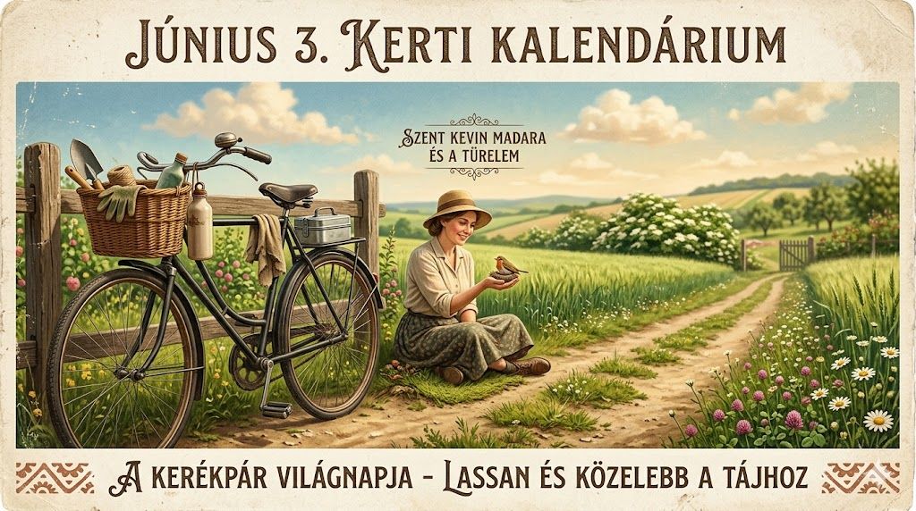 Június 3. Szent Kevin madara, bicikli a dűlőúton, kert a nyár elején