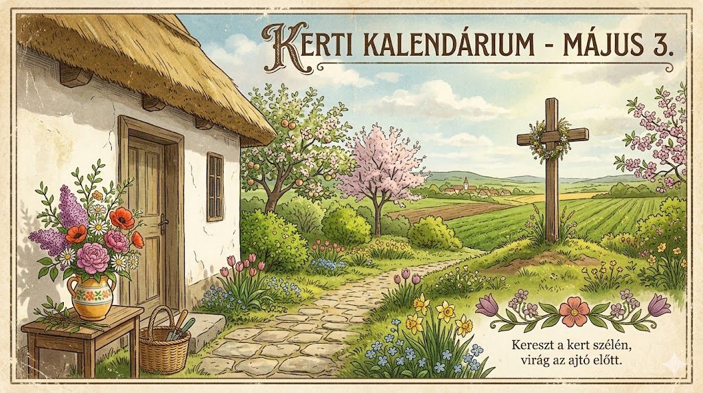Május 3. Kereszt a kert szélén, virág az ajtó előtt