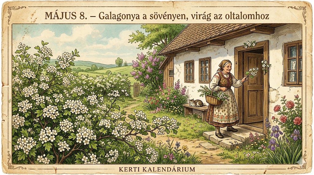 Május 8. Galagonya a sövényen, virág az oltalomhoz