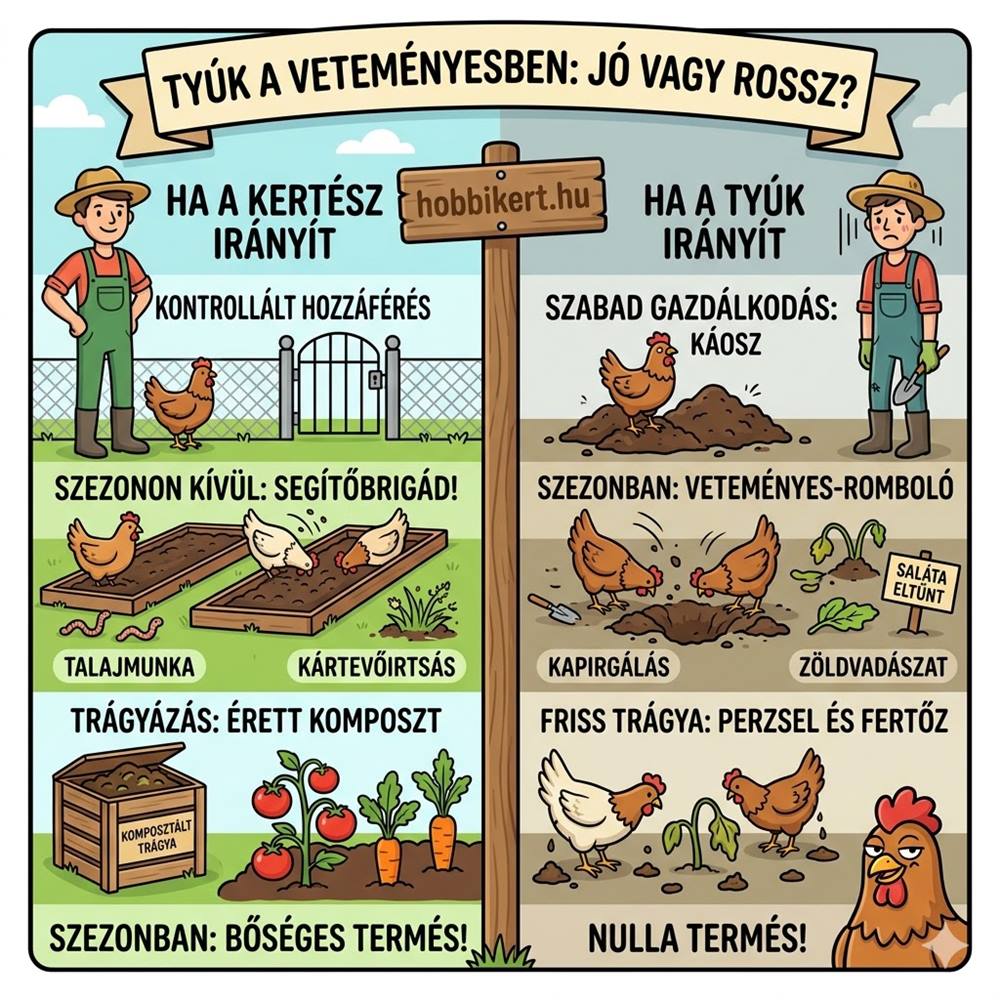 Tyúkok a veteményes mellett