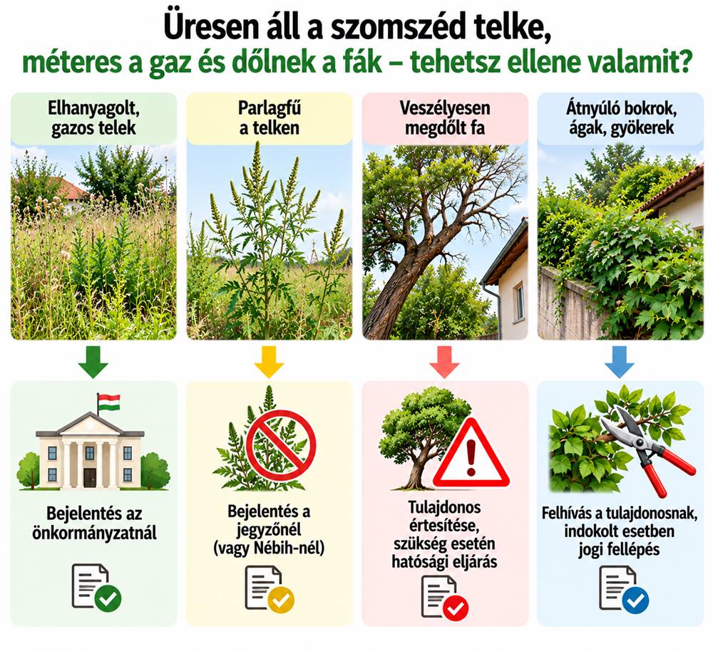 Üresen áll a szomszéd telke, méteres a gaz és dőlnek a fák – tehetsz ellene valamit?