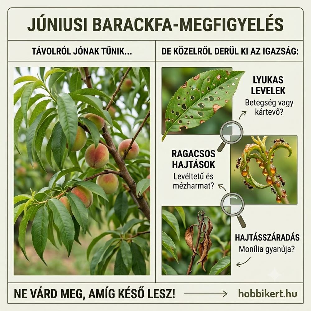 Barackfa júniusban: lyukas levelek, ragacsos hajtások